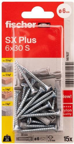 Fischer SX Plus Spreizdübel aus Nylon in Silber, Durchmesser: 6 mm, Länge: 30 mm, 15 Stück - Bild 1
