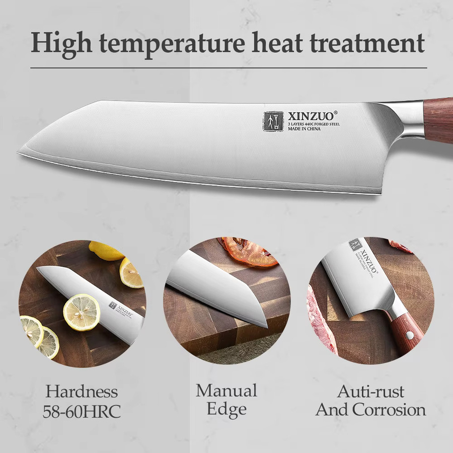 XINZUO Santoku-Messer aus Edelstahl mit 3-Schicht-Verbundstahl und rotem Holzgriff, 18,29 cm - Bild 2