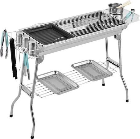 BAYKINGWIN Holzkohlegrill aus Edelstahl in Silber mit zusammenklappbarem Grillgitter und Grillwerkzeug