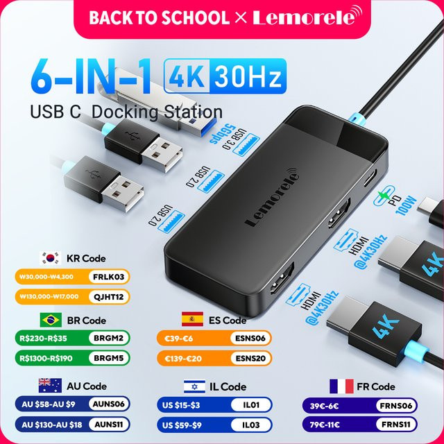 Lemorele 6-in-1 USB-C Hub mit 2 HDMI 4K@30Hz und PD 100W USB 3.0 Splitter Adapter in Grau für Laptop und MacBook Pro Air - Bild 1