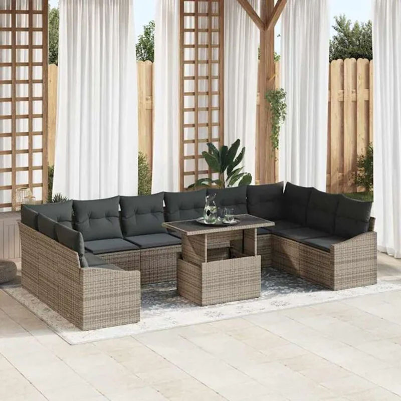 Vidaxl Garten-Sofa-Set aus Polyrattan mit 11-teiligem Kissen-Set in Grau, Loungemöbel B: 100 cm, T: 55 cm, H: 73 cm - Bild 1