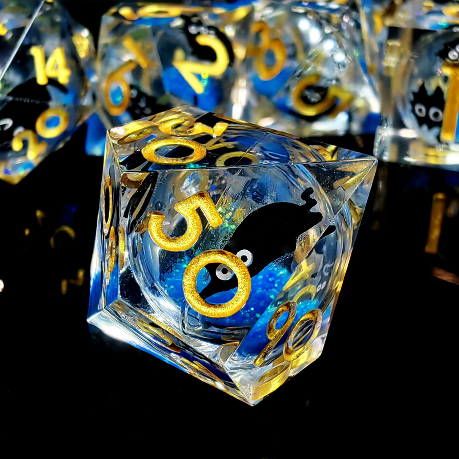 DnD Würfelset, 7-teiliges Set, blaue Flüssigkern-Harzwürfel mit Glitzersand, polyedrische Würfel - Bild 2