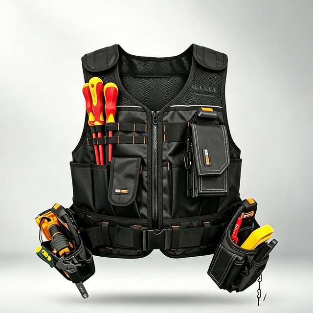 TOOLSTACK Arbeitsweste in Schwarz mit mehreren Taschen, langlebige und atmungsaktive Multifunktions-Bauweste für Elektriker - Bild 1