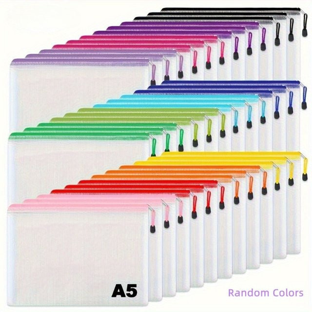 5er Set A5 Mesh Zipper Datei-Taschen aus transparentem Kunststoff in Multicolour für Büro und Schule - Bild 1
