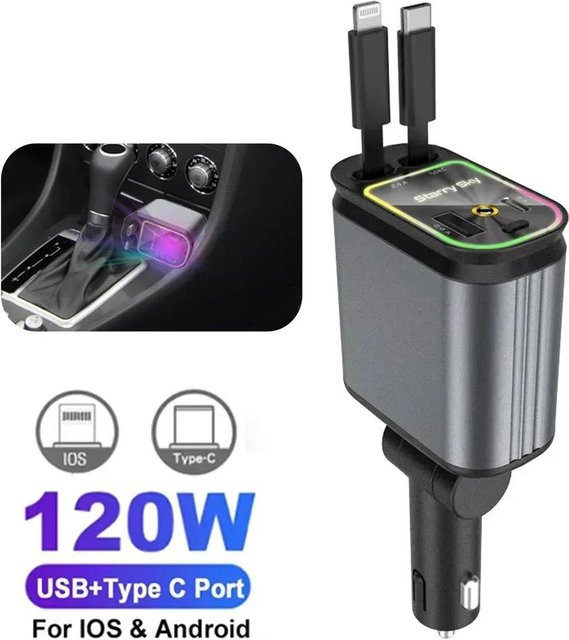 YJMP 180W Auto Schnelllader mit USB Typ-C und Dachsternenhimmel in Grau für iOS und Android - Bild 1