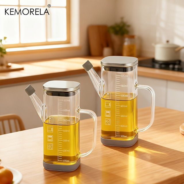 KEMORELA Glas-Olivenöl-Spenderflasche mit Messmarkierungen und tropfsicherem Ausgießer, transparent, 700 ml - Bild 1