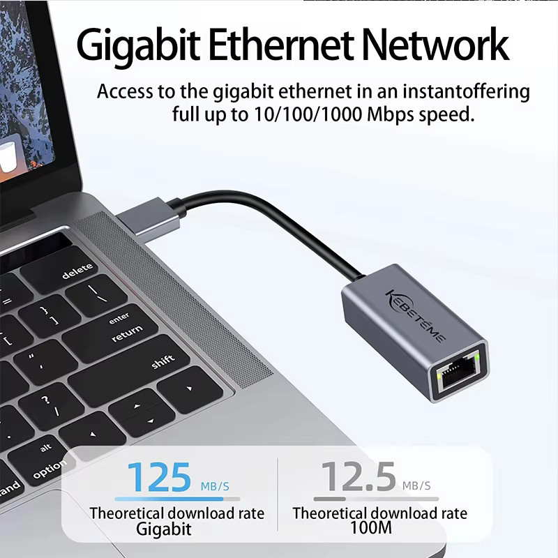 Kebidu USB-C auf RJ45 Ethernet-Adapter, USB 3.0 LAN-Netzwerkkarte für PC, MacBook und Windows Laptop, Grau, 10/100/1000 Mbit/s - Bild 3