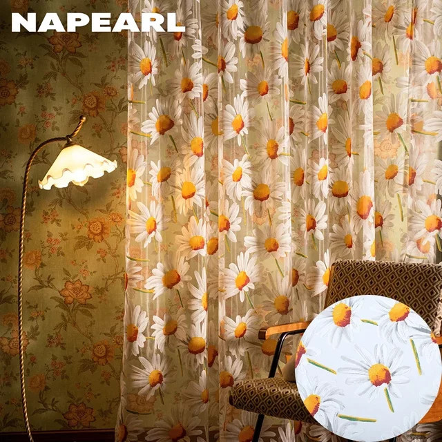NAPEARL Tüllvorhang mit Gänseblümchenmuster in Weiß, transparent, Breite: 130 cm, Höhe: 100 cm - Bild 1