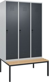 C+P Spind Classic PLUS Garderobenspind mit Sitzbank, 3 Abteile, B/T/H: 212 x 120 x 81,5 cm, Sicherheits-Drehriegel, 4 Garderobenhaken, mittige Trennwand, Buche-Hartholz und Stahl, Grau/Anthrazit/Schwarz - Bild 1