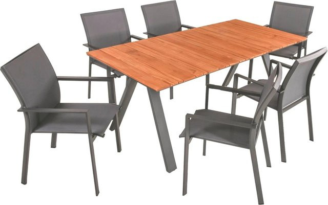 DELUKE Garten-Sitzgruppe GESA 7-teilig aus Teakholz in Grau mit Esstisch und Stapelstühlen - Bild 1