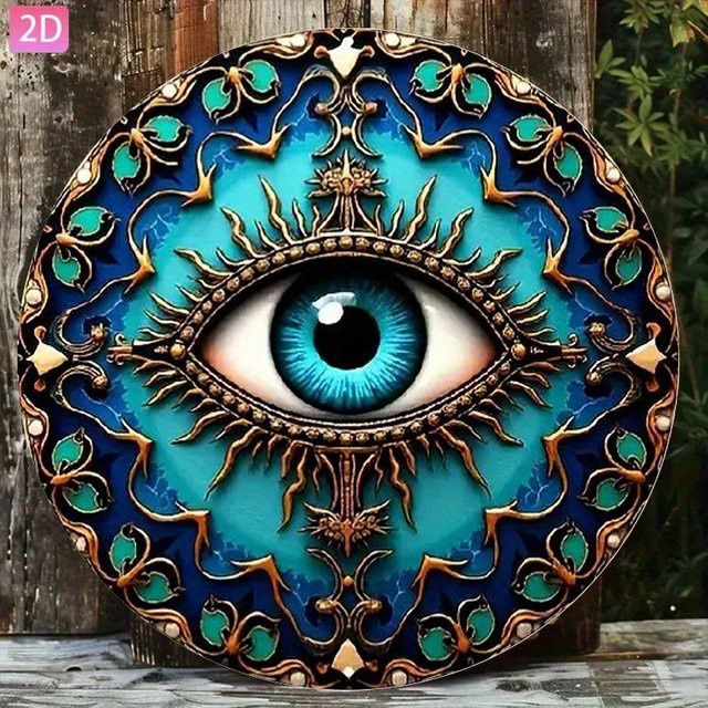 HELLOYOUNG Evil Eye Metall-Wandkunst in Blau, rundes Aluminiumschild im griechischen Retro-Design für Garten und Zuhause - Bild 1