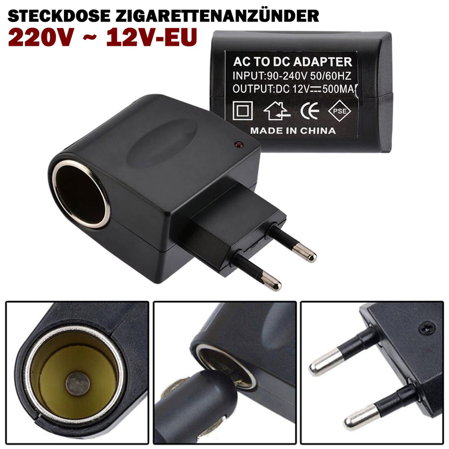 QXNY Universeller 220V AC zu 12V DC Auto-Stromadapter in Schwarz mit EU-Stecker und Zigarettenanzünder-Konverter - Bild 2