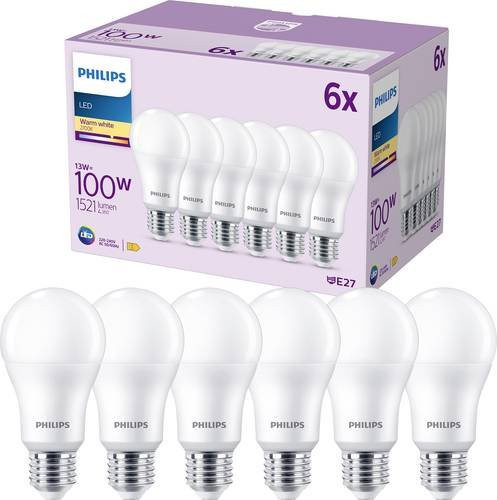 Philips LED Glühlampen E27 Warmweiß 13W (entspricht 100W), 6er Pack, Durchmesser: 6 cm, Länge: 12 cm - Bild 1