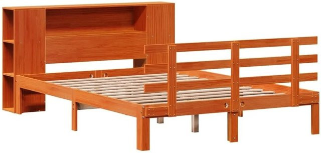 vidaXL Massivholzbett aus Kiefernholz mit Regal in Wachsbraun, B/T/H: 140 x 190 x 82 cm - Bild 1