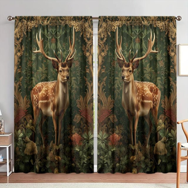 2er-Set Sika-Hirsch Vorhang mit modernem Print, halbtransparent, Mehrfarbig, B: 52,5 cm, H: 116 cm - Bild 1