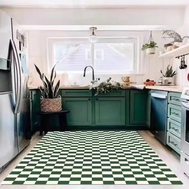 VIKAMA Teppich in Grün und Weiß mit modernem Karomuster im marokkanischen Stil für dein Wohnzimmer oder Schlafzimmer - Bild 1