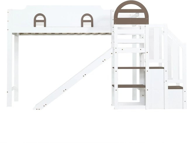 okwish Etagenbett für Kinder mit Rutsche, Treppe und Stauraum, Weiß/Braun, B/T/H: 200 x 90 x 145 cm - Bild 1