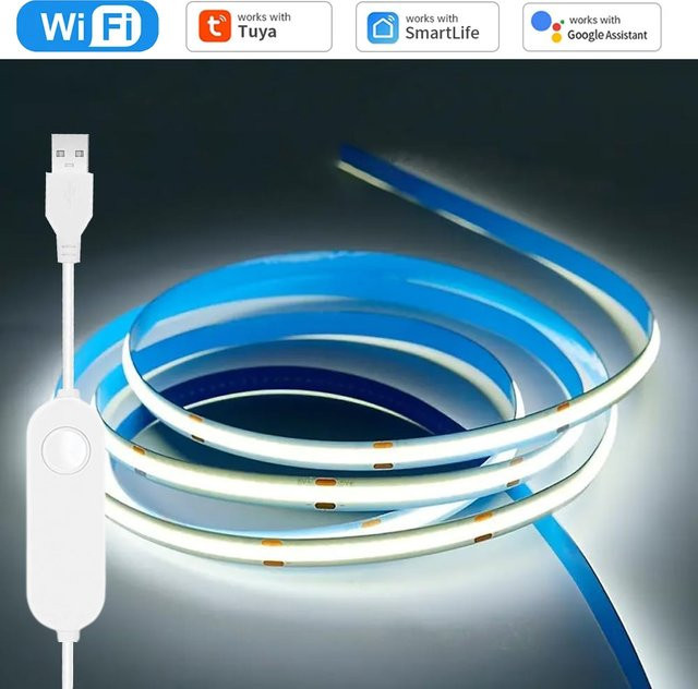 CENFAYA Smart COB LED Streifen mit WiFi, USB-Anschluss, dimmbar, Tuya Smart Leben App Steuerung, kompatibel mit Amazon Alexa und Google Assistant, Farbe: Weiß - Bild 1