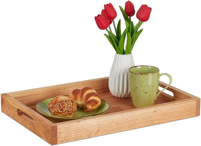 Relaxdays Serviertablett aus Walnussholz in Natur Braun mit Griffen, B/T/H: 46 x 31 x 5 cm - Bild 1