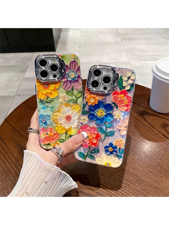 Stoßfeste iPhone Handyhülle mit buntem Ölgemälde Blumen-Design und Glitter-Effekt für Apple iPhone 12 13 14 15 16 Pro Max, Mehrfarbig - Bild 3