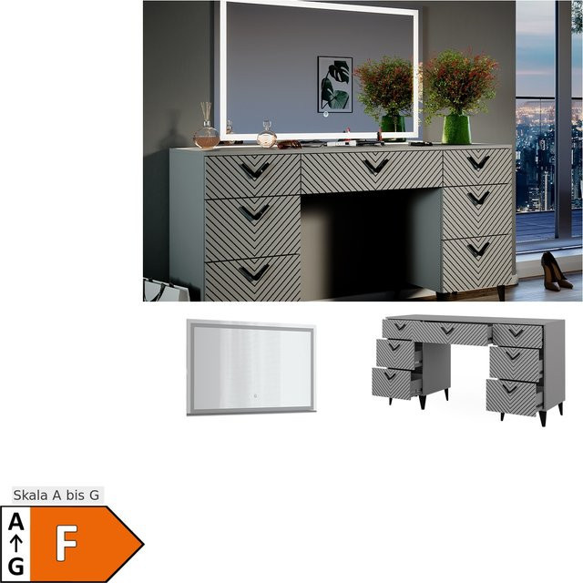 Vicco Schminktisch Anett Grau mit LED-Spiegel und 7 Schubladen, Breite: 150 cm, Tiefe: 78 cm, Höhe: 45 cm - Bild 1