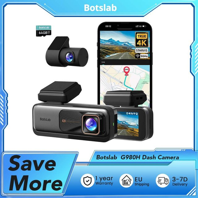 Botslab G980H Dual Dash Cam mit 4K UHD Auflösung, SONY Sensoren, Sprachsteuerung, ADAS, GPS und 5,8 GHz WLAN in Schwarz inklusive 64 GB Karte - Bild 1