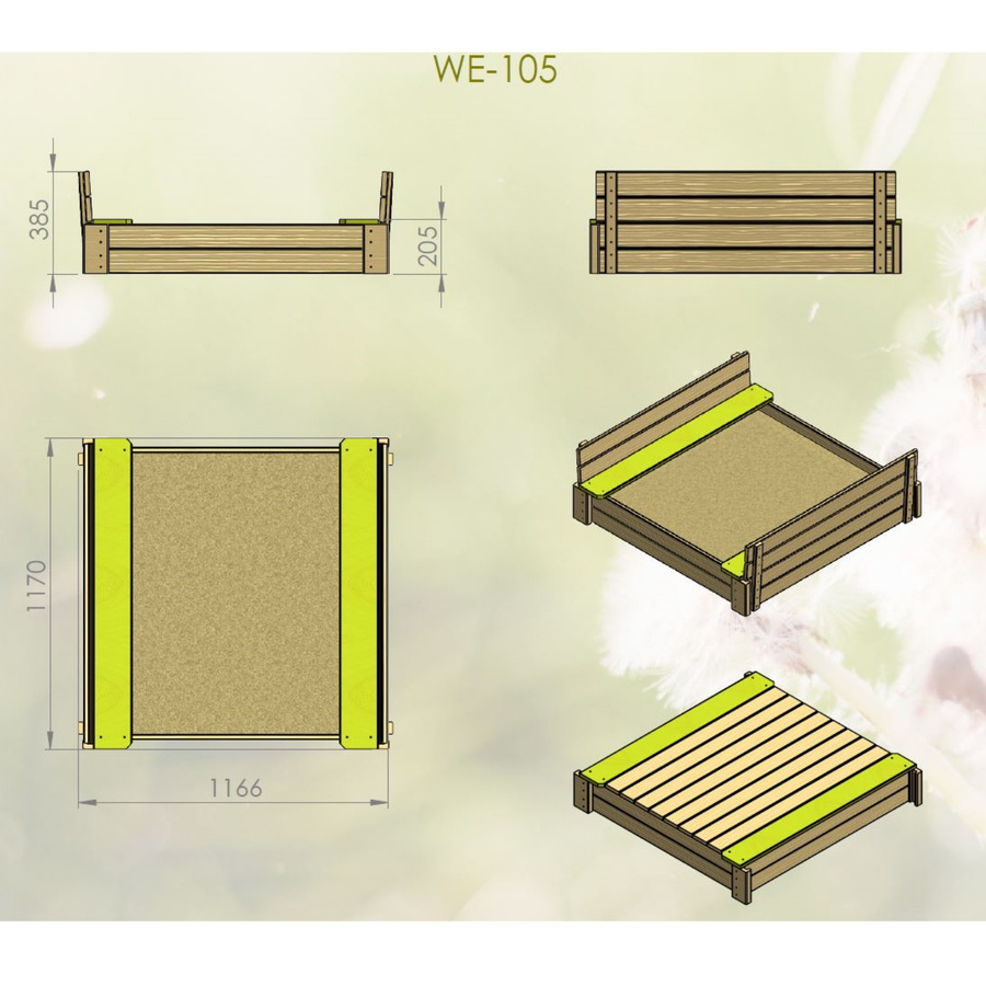 Wendi Toys Sandkasten Deluxe aus Holz mit Sitzflächen und Holzabdeckung, grün/natur, B/T/H: 120 x 120 x 25 cm - Bild 3