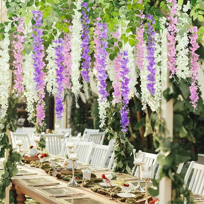 Künstliche Glyzinien-Girlande aus Textil in Lila und Mehrfarbig, hängende Blumendekoration für Hochzeit und Party, Länge: 110 cm - Bild 2