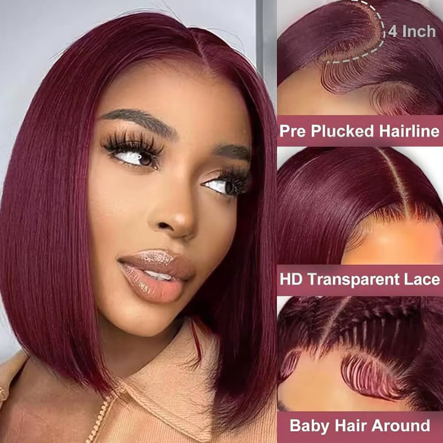 99j Burgund Bob Echthaar Perücke, 13x4 HD Lace Front, Damen - Bild 2