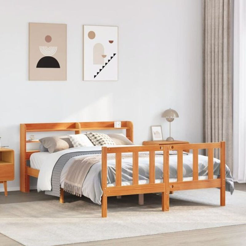 Massivholzbett mit Kopfteil von VIDAXL in Landhaus-Optik aus Kiefer, Braun, B/T/H: 150 x 200 x 82 cm - Bild 1