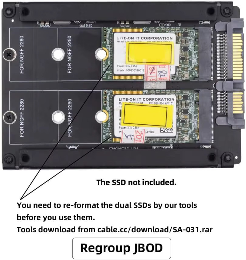 T.F.SKYWINDINTL Dual NGFF B+M Key M.2 SSD zu 2,5 Zoll SATA Combo HDD-Laufwerksgehäuse mit JBOD Raid0 Span Bridge in Schwarz - Bild 3