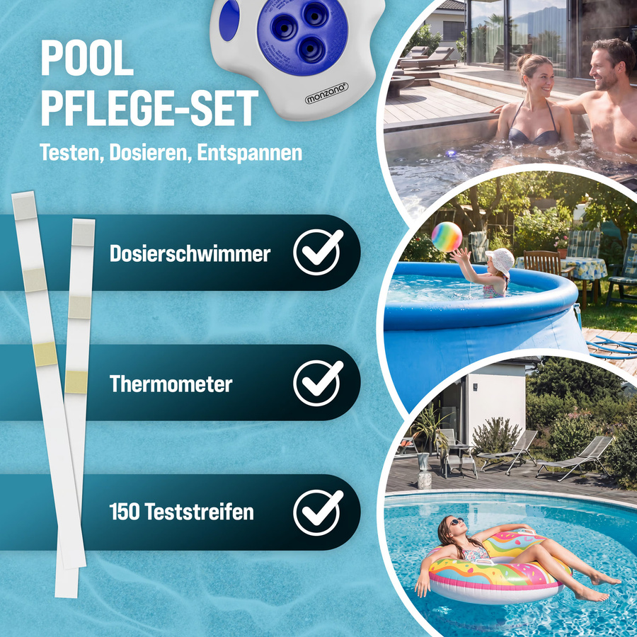 MONZANA Dosierschwimmer für Pools und Planschbecken inklusive 150 3in1 Teststreifen, UV-resistent mit Thermometer zur Messung von Chlor, pH-Wert, Alkalinität und Temperatur - Bild 2