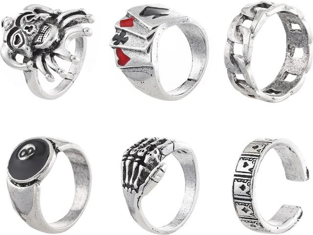 Ring Set Herren, Retro Punk Totenkopf & Geisterklaue, Schwarz, Silber - Bild 1