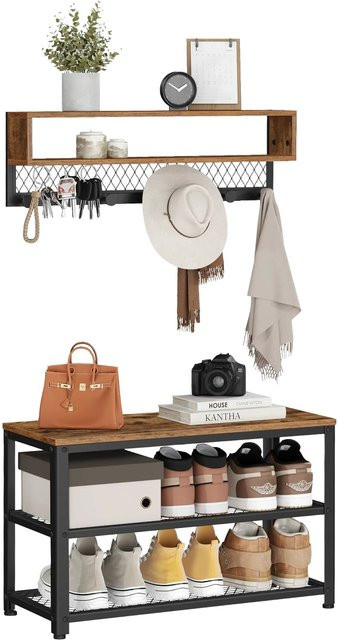 Songmics Dacey Wandgarderobe-Set mit Schuhbank, 2-teilig, modern, Braun-Schwarz - Bild 1
