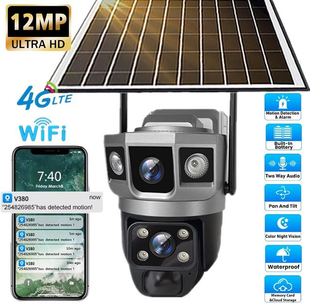 V380 4G Solar IP Kamera mit Dual Objektiv, 12MP und 10X Zoom, PTZ Outdoor Überwachungskamera mit integrierter Batterie und Wifi/Cellular Unterstützung - Bild 1
