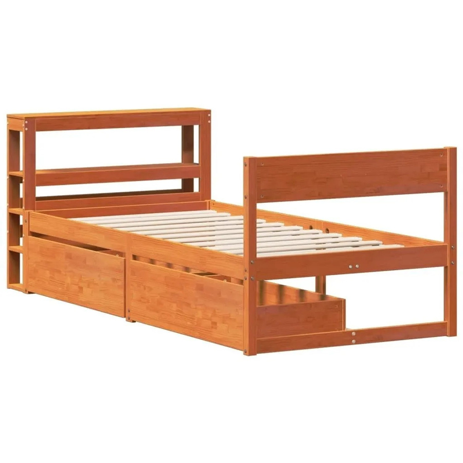 vidaXL Massivholzbett aus Kiefernholz in Braun mit Nachttischregal und Schubladen, Rustikaler Stil, Wachsfinish, B/T/H: 100 x 200 x 82 cm - Bild 2