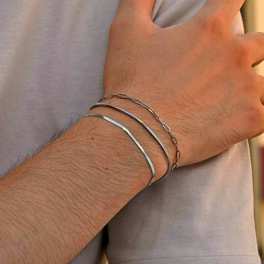 Kettenarmband 3-teilig, Edelstahl, Silber, Herren, minimalistisch - Bild 3