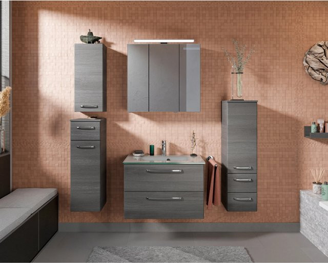 Pelipal Badmöbel-Set Trentino in Graphit Struktur mit Waschtisch, Unterschrank, Spiegelschrank und Midischrank, 137 cm - Bild 1