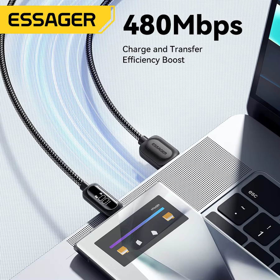 Essager 100W USB-auf-Typ-C-Schnellladekabel mit digitaler Anzeige in Schwarz - Bild 6