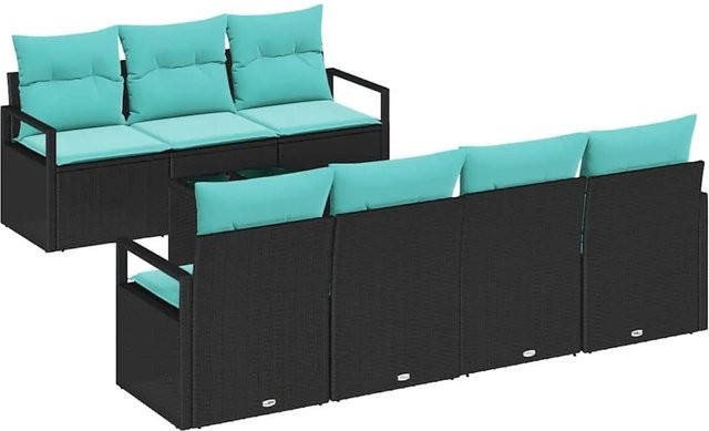 vidaXL 8-teiliges Lounge-Sofa Set aus Poly Rattan in Schwarz und Türkis mit Kissen und Tisch - Bild 1
