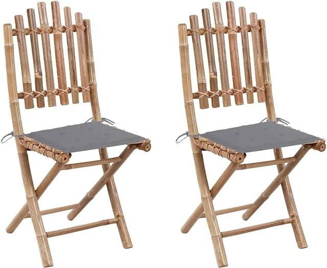 vidaXL Set aus 2 klappbaren Gartenstühlen aus Bambus mit Kissen in Braun und Grau - Bild 1