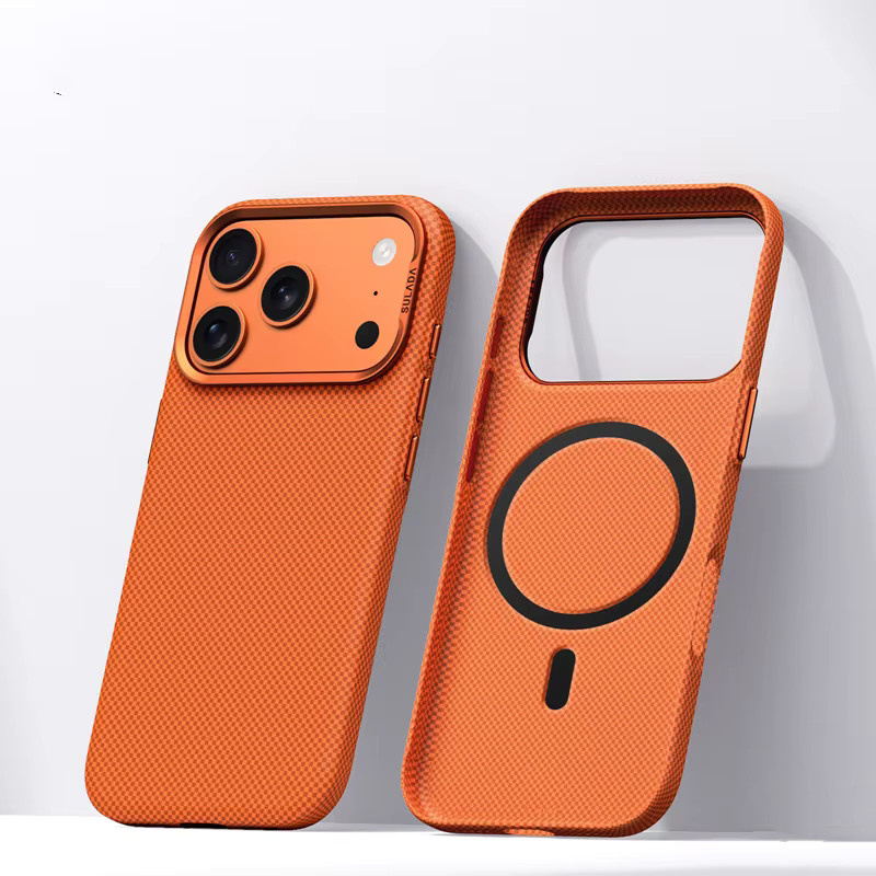 Magnetische Apple iPhone 17 Pro Max und 16 Pro Handyhülle aus Legierung in Orange mit Kohlefaser-Textur und kabelloser Ladefunktion - Bild 1