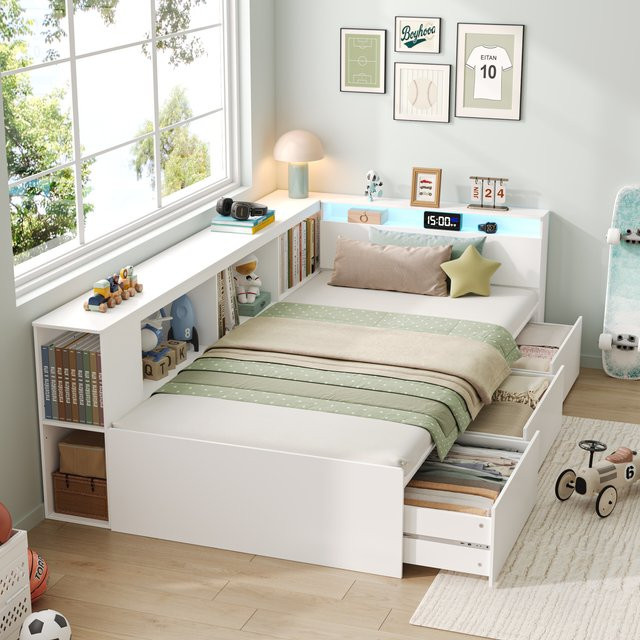 Getone Kinderbett in Weiß mit LED-Beleuchtung, 3 Schubladen und Bücherregal, B/T/H: 90 x 200 cm - Bild 1