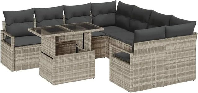 vidaXL Garten-Sofa-Set 9-tlg. aus Poly-Rattan mit Kissen in Hellgrau - Bild 1