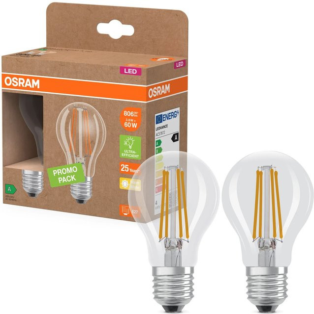 Osram LED Leuchtmittel E27 Glühlampenform A60 Warmweiß 3,8 W 806 lm 2er Set transparent - Bild 1
