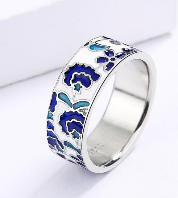 Yiran Jewelry Damenring, Blauer Emaille-Blumenring, Kupfer, Silber, 8 - Bild 1