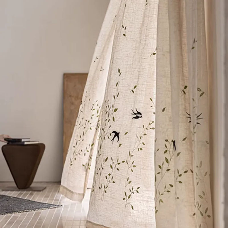 CENTURyMiG Bestickter Leinen-Halbschirm in Beige, minimalistischer transparenter Vorhang mit floralem Design für Wohnzimmer und Schlafzimmer, Breite: 100 cm, Höhe: 200 cm - Bild 2