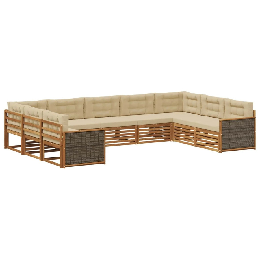 vidaXL Outdoor-Sofagarnitur aus Massivholz Akazie in Natur und Beige, 9-teiliges L-Shape Set mit Sitz- und Rückenkissen - Bild 2