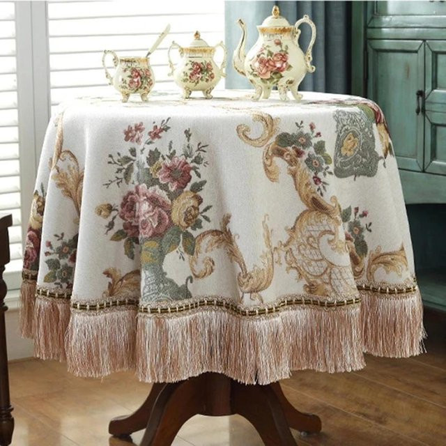 Runde Tischdecke Super Six aus Chenille mit Rose-Jacquard-Muster und Quasten, wasserabweisend, Mehrfarbig, Durchmesser: 260 cm - Bild 1