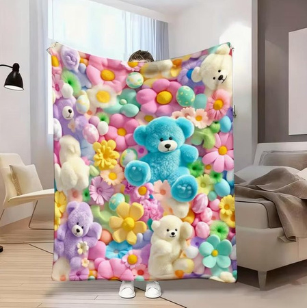 LjqFourteen Flanell-Decke mit Teddybär und Blumen-Ei Pastell-Druck, weich und bequem, Mehrfarbig, B: 150 cm, L: 200 cm